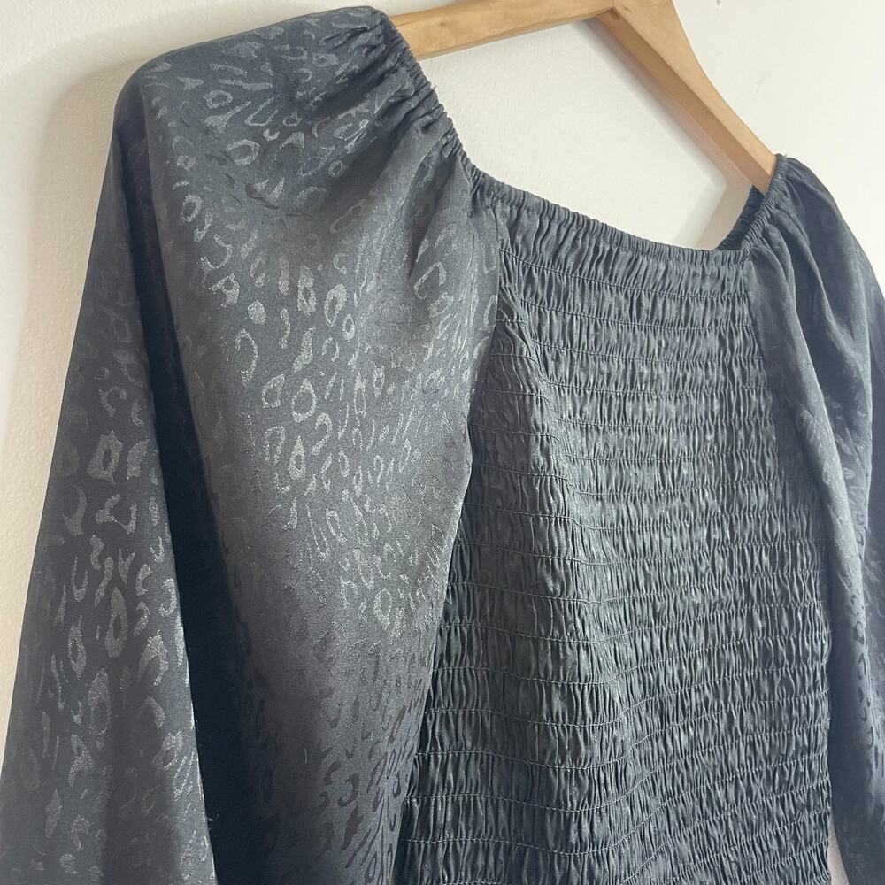 Black Ruched Puff Sleeve Animal Print Blouse Small Whimsigoth Fairy Cottage - Picture 2 of 5